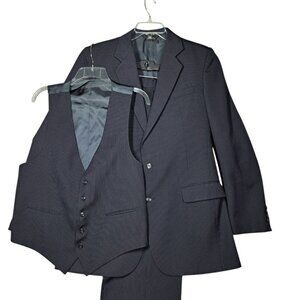 Vintage Pierre Cardin Mens 3-Piece Navy Suit 42R 36x34 Pinstripe Blue Wool 1980s